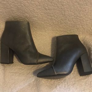 European made pointy stacked heel bootie